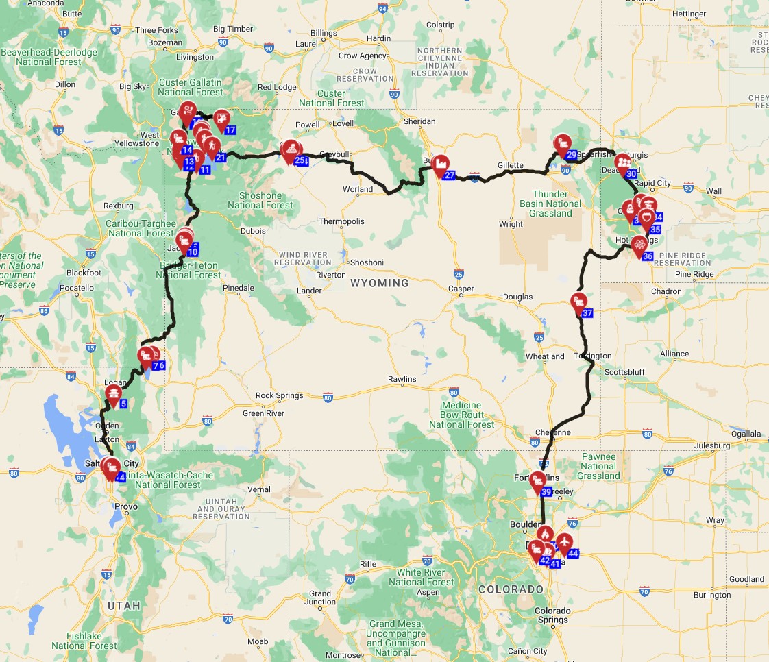 USA Motorhome trip route from Salt Lake City to Denver - Incl. Yellowstone